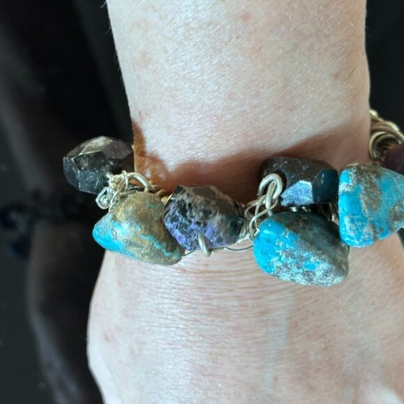 Genuine Turquoise 925 Sterling Silver Charoite Wire Wrap Cuff Bracelet Brutalist - Picture 7 of 11